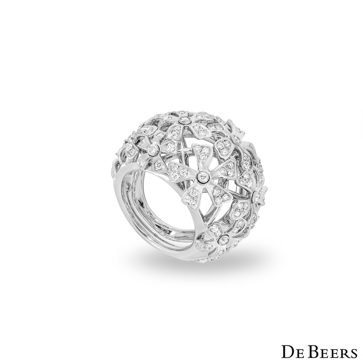 De Beers White Gold Diamond Flower Bombe Ring | Rich Diamonds